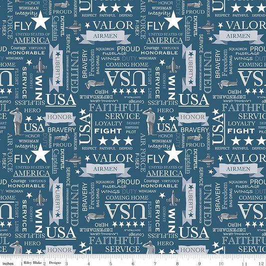 Fat Quarter End of Bolt - Coming Home Air Force Text C14428 Denim - Riley Blake Designs - Armed Forces Patriotic - Quilting Cotton Fabric
