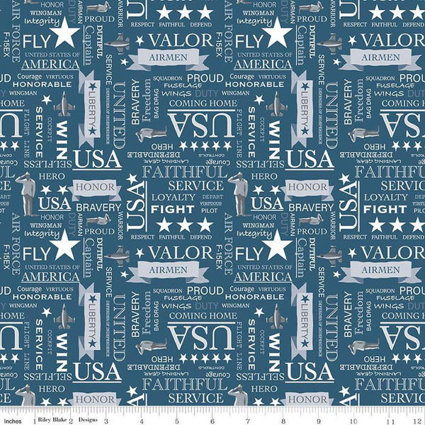 Coming Home Air Force Text C14428 Denim by Riley Blake Designs - Armed Forces Patriotic - Quilting Cotton Fabric