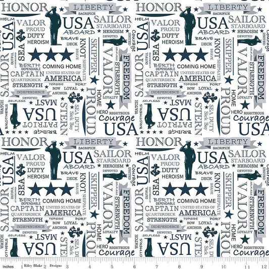 Coming Home Navy Text C14433 White - Riley Blake Designs - Armed Forces Patriotic - Quilting Cotton Fabric
