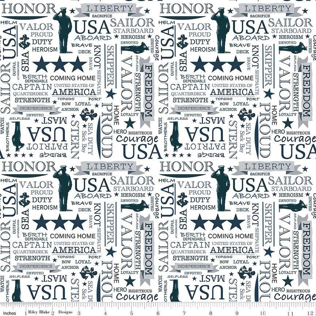 SALE Coming Home Navy Text C14433 White by Riley Blake Designs - Armed Forces Patriotic - Quilting Cotton Fabric