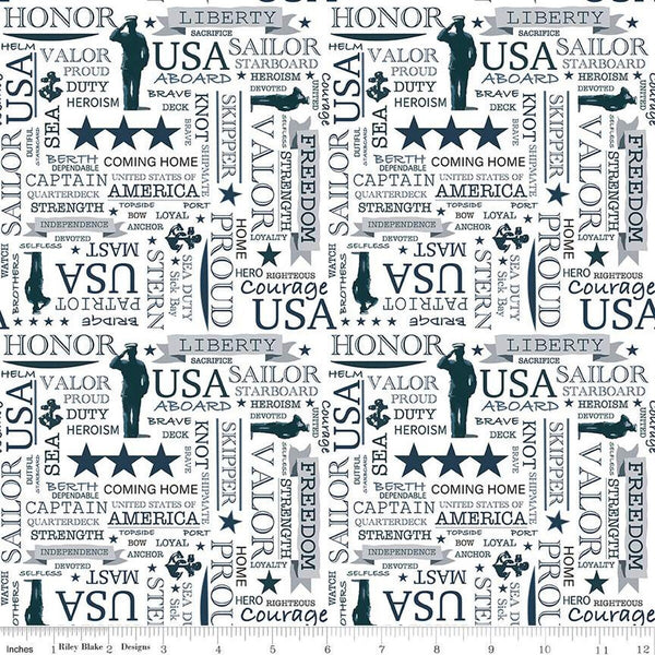 Coming Home Navy Text C14433 White by Riley Blake Designs - Armed Forces Patriotic - Quilting Cotton Fabric