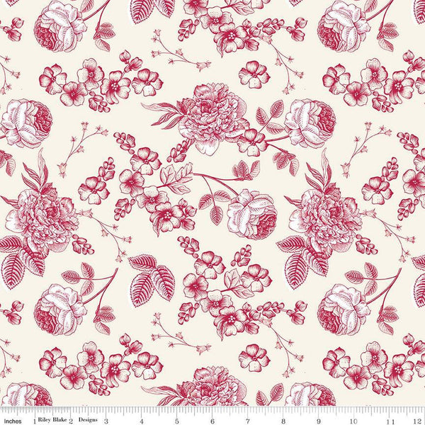 14" End of Bolt - Heirloom Red Line Floral C14341 Cream by Riley Blake Designs - Flowers Leaves - Quilting Cotton Fabric