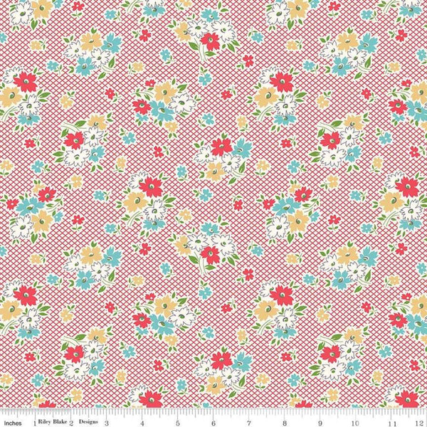 SALE Farm Girl Vintage Main C7870 Red by Riley Blake Designs - Floral Flowers - Lori Holt - Quilting Cotton Fabric
