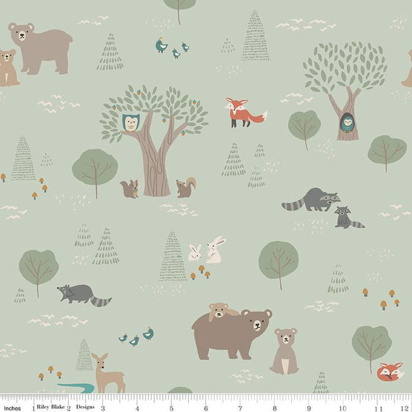 Elmer and Eloise Main C14240 Tea Green by Riley Blake - Bears Rabbits Foxes Owls Racoons Squirrels Trees - Quilting Cotton Fabric