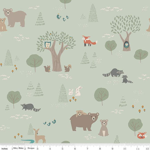 SALE Elmer and Eloise Main C14240 Tea Green by Riley Blake - Bears Rabbits Foxes Owls Racoons Squirrels Trees - Quilting Cotton Fabric