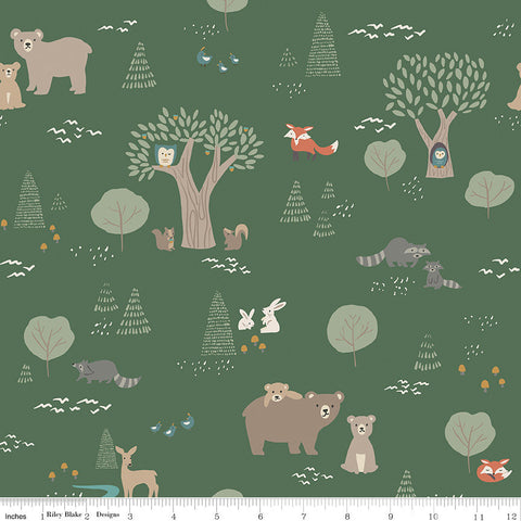 Elmer and Eloise Main C14240 Pine by Riley Blake Designs - Bears Rabbits Racoons Squirrels Owls Quail Trees - Quilting Cotton Fabric