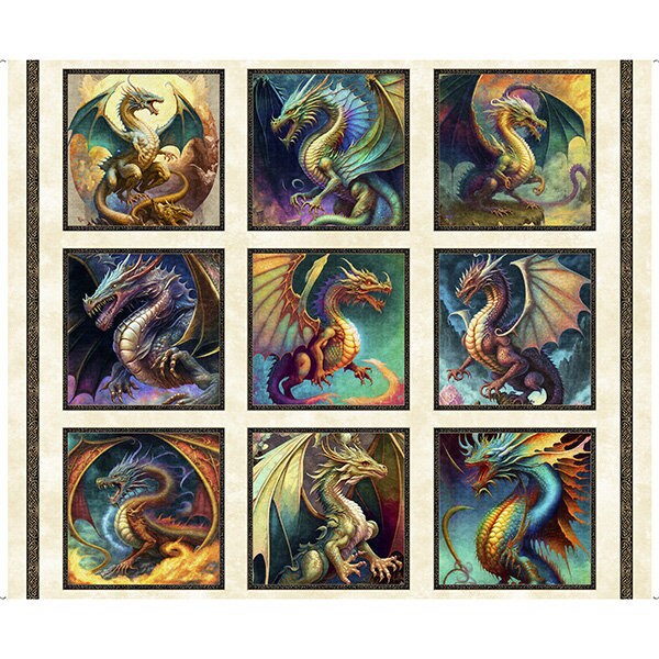 SALE Dragon Fyre 29926 Large Dragon Picture Patches E Panel - by QT Fabrics - Fire Breathing Dragons - Quilting Cotton Fabric