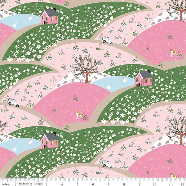 SALE Tulip Cottage Flower Fields C14261 Pink by Riley Blake Designs - Hills Houses Trees Animals Flowers - Quilting Cotton Fabric