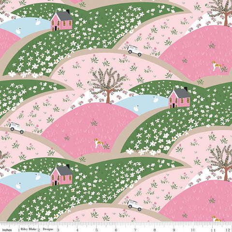 SALE Tulip Cottage Flower Fields C14261 Pink by Riley Blake Designs - Hills Houses Trees Animals Flowers - Quilting Cotton Fabric