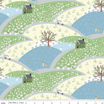 9" End of Bolt - SALE Tulip Cottage Flower Fields C14261 Sky - Riley Blake - Hills Houses Trees Animals Flowers - Quilting Cotton Fabric