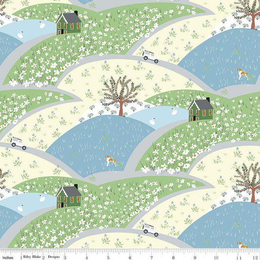 Fat Quarter End of Bolt - SALE Tulip Cottage Flower Fields C14261 Sky - Riley Blake - Hills Houses Trees Animals - Quilting Cotton Fabric