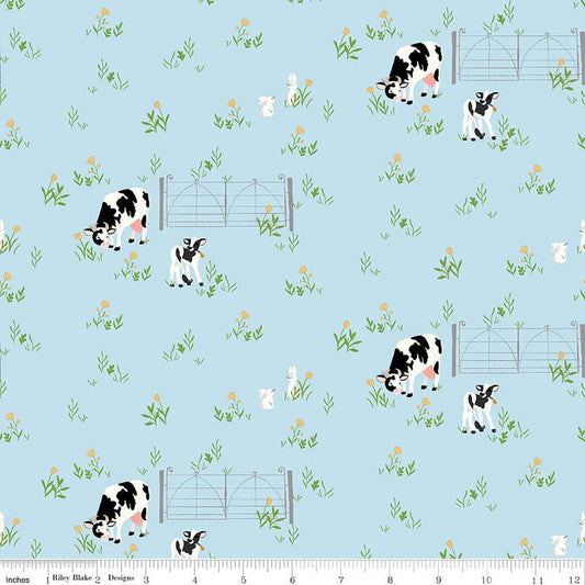 SALE Tulip Cottage Cows & Bunnies C14262 Sky - Riley Blake Designs - Flowers Tulip Fields - Quilting Cotton Fabric