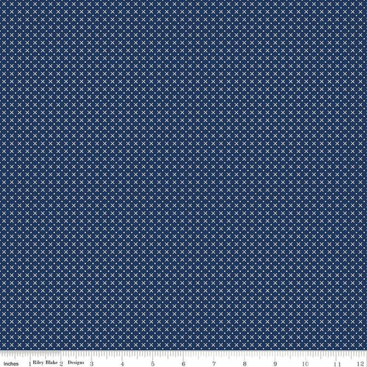 25" End of Bolt - DEAL Tulip Cottage Stitches C14267 Navy - Riley Blake Designs - Geometric Xs Dots - Quilting Cotton Fabric