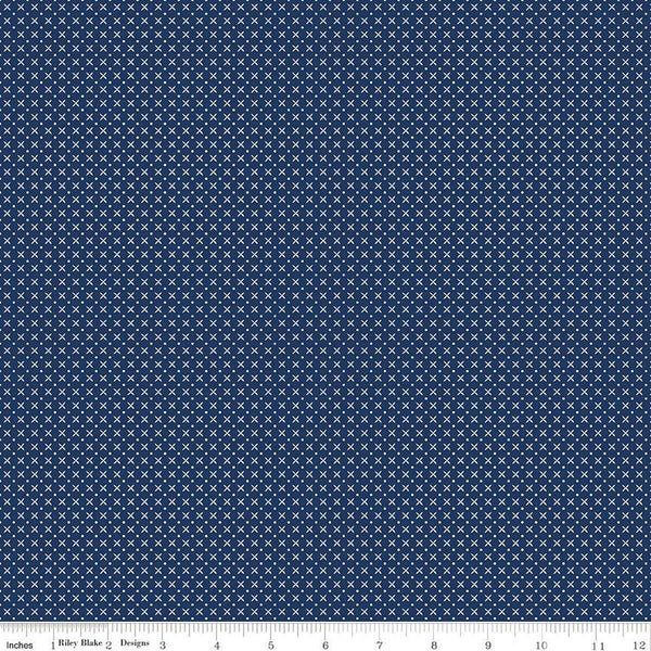 SALE Tulip Cottage Stitches C14267 Navy by Riley Blake Designs - Geometric Xs Dots - Quilting Cotton Fabric