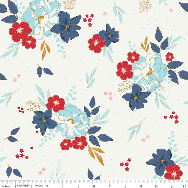 Sweet Freedom Main SC14410 Sand Dollar SPARKLE - Riley Blake Designs - Patriotic Floral Flowers Gold SPARKLE - Quilting Cotton Fabric