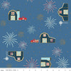 Sweet Freedom Barns SC14411 Denim SPARKLE - Riley Blake Designs - Patriotic Trucks Fireworks Gold SPARKLE - Quilting Cotton Fabric