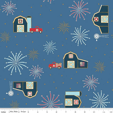 Sweet Freedom Barns SC14411 Denim SPARKLE - Riley Blake Designs - Patriotic Trucks Fireworks Gold SPARKLE - Quilting Cotton Fabric