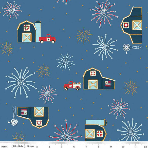 Sweet Freedom Barns SC14410 Denim SPARKLE - Riley Blake Designs - Patriotic Trucks Fireworks Gold SPARKLE - Quilting Cotton Fabric