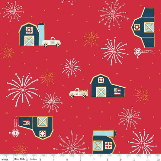 10" End of Bolt - CLEARANCE Sweet Freedom Barns SC14411 Red SPARKLE - Riley Blake - Patriotic Trucks Fireworks Gold SPARKLE- Quilting Fabric
