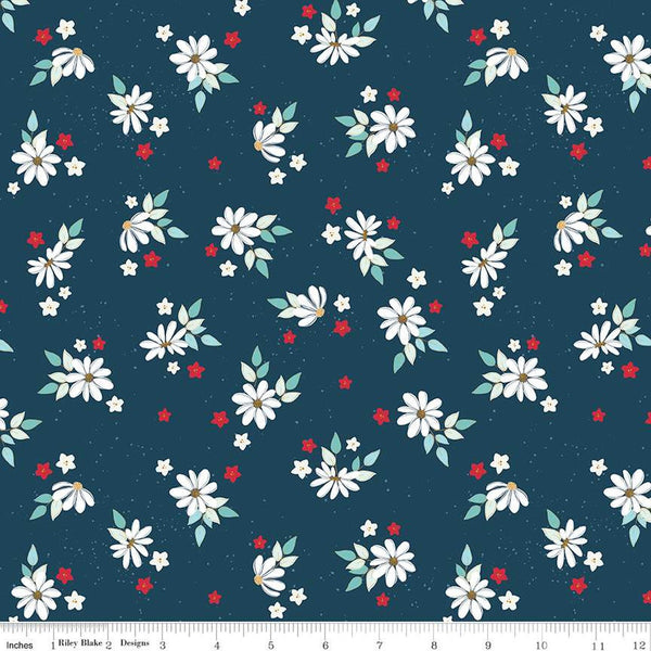 Sweet Freedom Summer Flowers SC14413 Oxford SPARKLE - Riley Blake Designs - Patriotic Floral Gold SPARKLE - Quilting Cotton Fabric