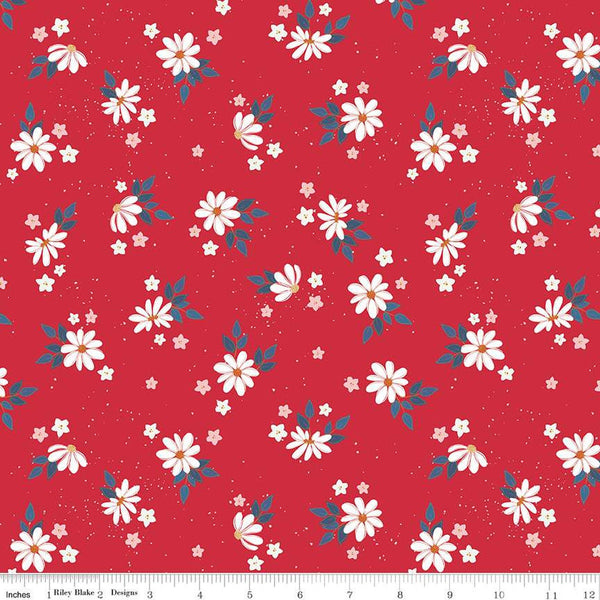 Sweet Freedom Summer Flowers SC14413 Red SPARKLE - Riley Blake Designs - Patriotic Floral Gold SPARKLE - Quilting Cotton Fabric