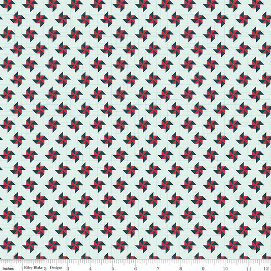 CLEARANCE Sweet Freedom Pinwheels  C14415 Bleached Denim - Riley Blake Designs - Patriotic Gridded Background - Quilting Cotton Fabric