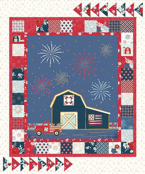 Sweet Freedom American Vintage Panel SPARKLE by Riley Blake Designs - Truck Barn Patriotic Gold SPARKLE - Quilting Cotton Fabric