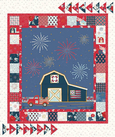 SALE Sweet Freedom American Vintage Panel SPARKLE by Riley Blake Designs - Truck Barn Patriotic Gold SPARKLE - Quilting Cotton Fabric