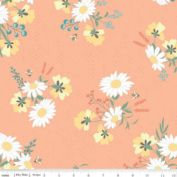 SALE Sunshine & Sweet Tea Main C14320 Peach - Riley Blake Designs - Floral Flowers Bees Pin Dots - Quilting Cotton Fabric