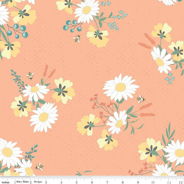 Sunshine and Sweet Tea Main C14320 Peach by Riley Blake Designs - Floral Flowers Bees Pin Dots - Quilting Cotton Fabric