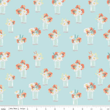 SALE Sunshine & Sweet Tea Mason Jar Bouquets C14322 Aqua - Riley Blake Designs - Floral Flowers - Quilting Cotton Fabric
