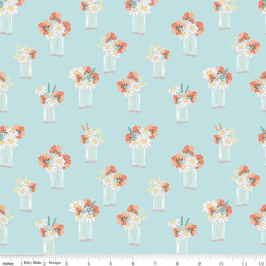 SALE Sunshine & Sweet Tea Mason Jar Bouquets C14322 Aqua - Riley Blake Designs - Floral Flowers - Quilting Cotton Fabric