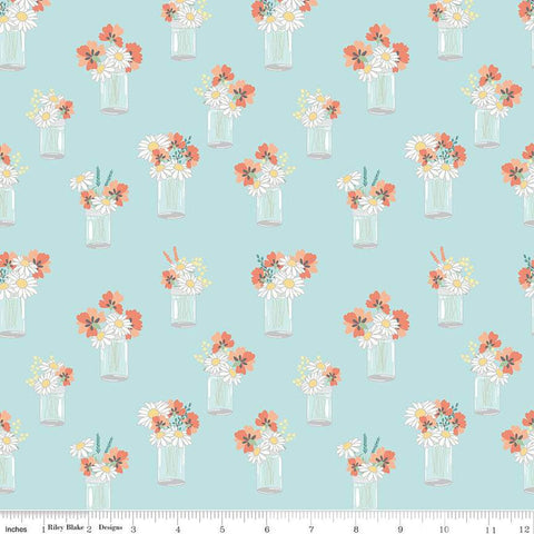 Sunshine and Sweet Tea Mason Jar Bouquets C14322 Aqua by Riley Blake Designs - Floral Flowers - Quilting Cotton Fabric