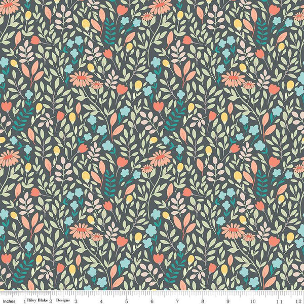 23" End of Bolt Piece - Sunshine and Sweet Tea Summer Floral C14323 Steel by Riley Blake Designs - Leaves Flowers - Quilting Cotton Fabric