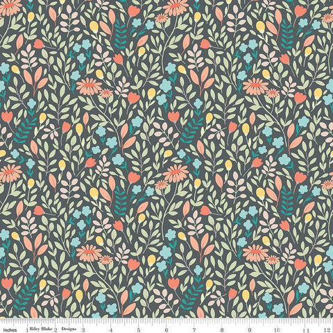23" End of Bolt Piece - Sunshine and Sweet Tea Summer Floral C14323 Steel by Riley Blake Designs - Leaves Flowers - Quilting Cotton Fabric