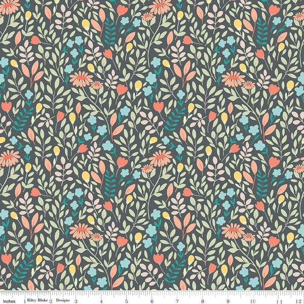 Fat Quarter End of Bolt - Sunshine and Sweet Tea Summer Floral C14323 Steel by Riley Blake Designs - Leaves Flowers - Quilting Cotton Fabric
