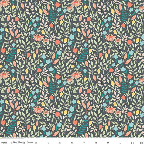 Fat Quarter End of Bolt - Sunshine and Sweet Tea Summer Floral C14323 Steel by Riley Blake Designs - Leaves Flowers - Quilting Cotton Fabric