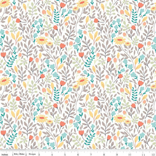 Sunshine & Sweet Tea Summer Floral C14323 White - Riley Blake Designs - Leaves Flowers - Quilting Cotton Fabric
