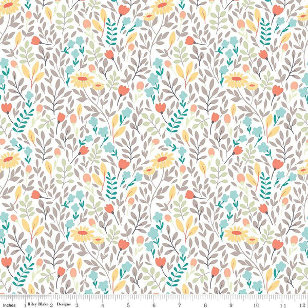 Sunshine and Sweet Tea Summer Floral C14323 White by Riley Blake Designs - Leaves Flowers - Quilting Cotton Fabric