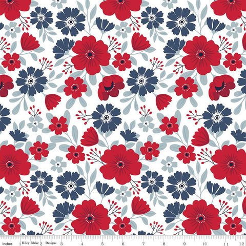 SALE American Beauty Main C14440 White by Riley Blake Designs - Patriotic Floral Flowers - Quilting Cotton Fabric