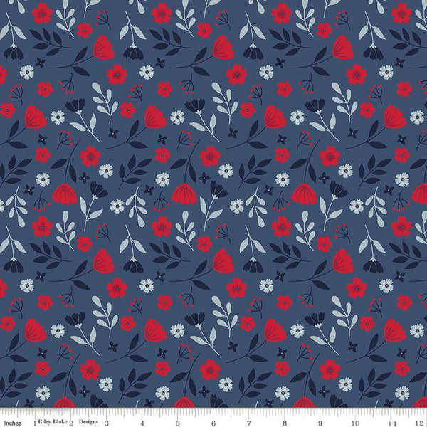 American Beauty Floral C14441 Navy by Riley Blake Designs - Patriotic Leaves Flowers - Quilting Cotton Fabric