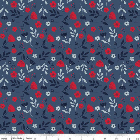 SALE American Beauty Floral C14441 Navy by Riley Blake Designs - Patriotic Leaves Flowers - Quilting Cotton Fabric