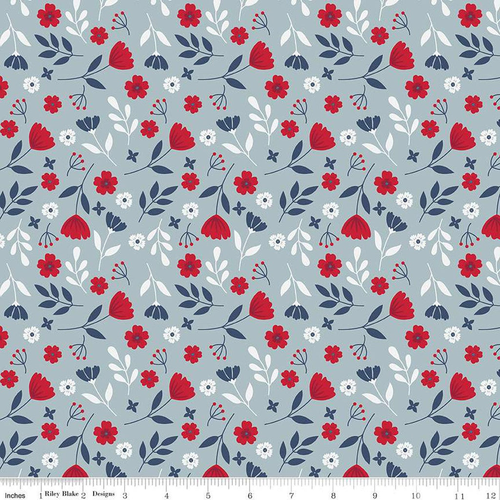 SALE American Beauty Floral C14441 Storm by Riley Blake Designs - Patriotic Leaves Flowers - Quilting Cotton Fabric