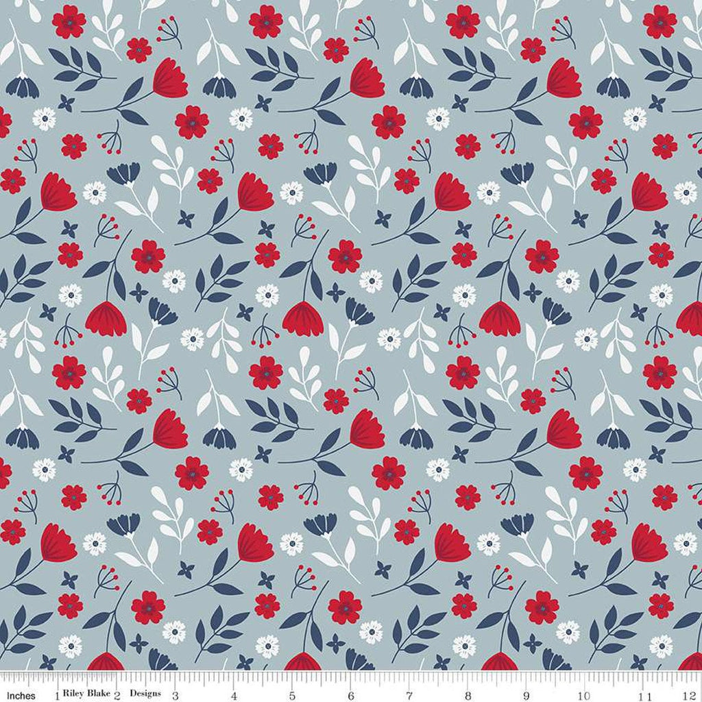 17" End of Bolt - American Beauty Floral C14441 Storm by Riley Blake Designs - Patriotic Leaves Flowers - Quilting Cotton Fabric