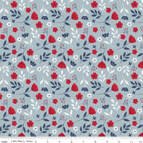 17" End of Bolt - American Beauty Floral C14441 Storm by Riley Blake Designs - Patriotic Leaves Flowers - Quilting Cotton Fabric