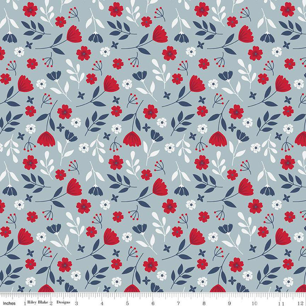 17" End of Bolt - American Beauty Floral C14441 Storm by Riley Blake Designs - Patriotic Leaves Flowers - Quilting Cotton Fabric