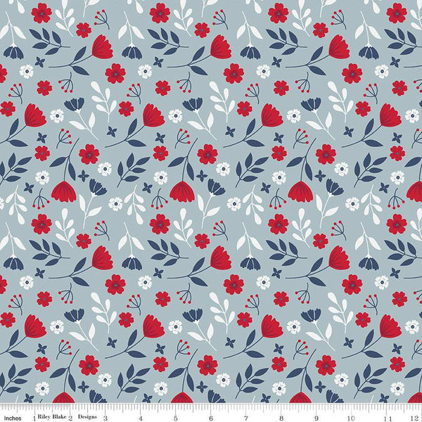 17" End of Bolt - American Beauty Floral C14441 Storm by Riley Blake Designs - Patriotic Leaves Flowers - Quilting Cotton Fabric