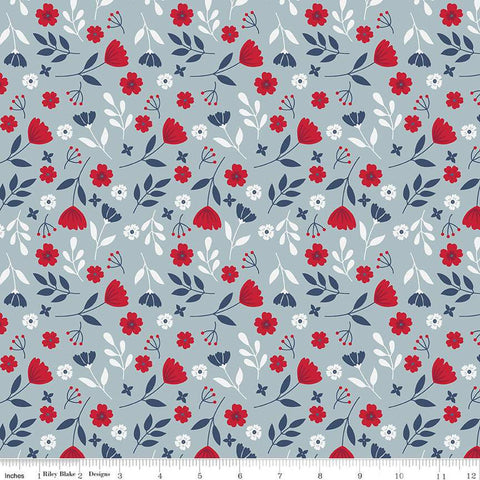17" End of Bolt - American Beauty Floral C14441 Storm by Riley Blake Designs - Patriotic Leaves Flowers - Quilting Cotton Fabric