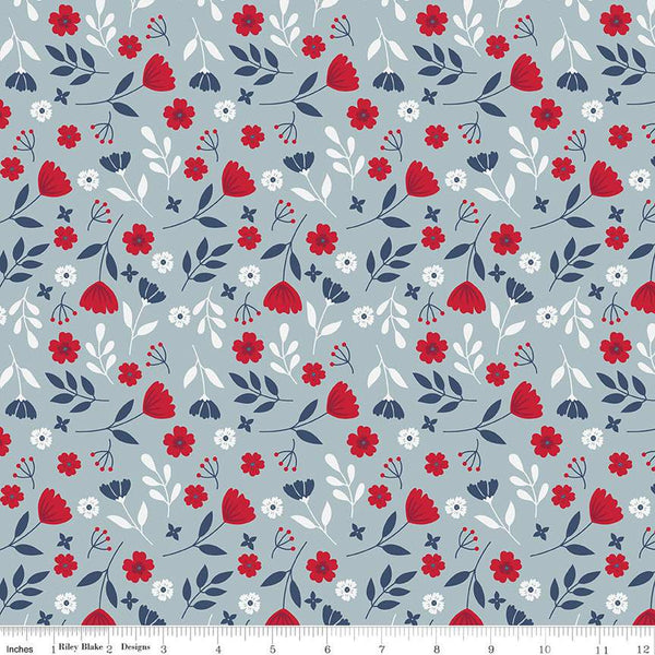 American Beauty Floral C14441 Storm by Riley Blake Designs - Patriotic Leaves Flowers - Quilting Cotton Fabric