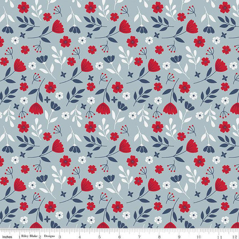 SALE American Beauty Floral C14441 Storm by Riley Blake Designs - Patriotic Leaves Flowers - Quilting Cotton Fabric
